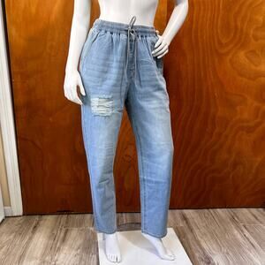 Women's Distressed Denim Jogger Jeans Elastic Waist Drawstring Pants Size M